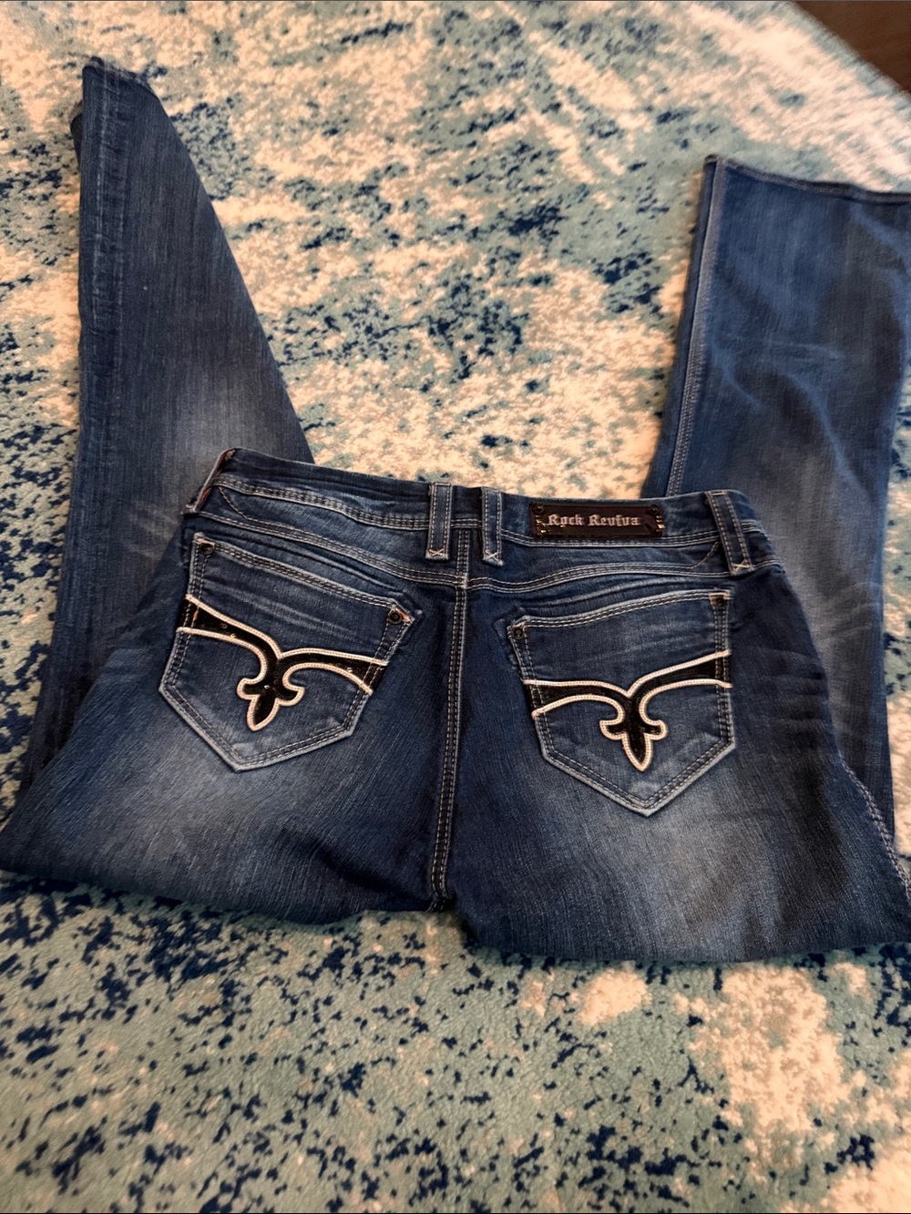 Rock Revival Women's Medium Blue Boot Cut Jeans with Embroidered Pockets